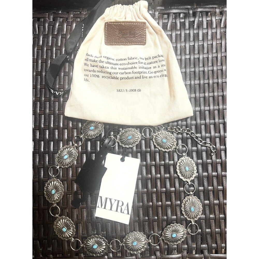 Myra Bag "Grail" Turquoise Concho Chain Belt with Organic Cotton Dust Bag 26-32”